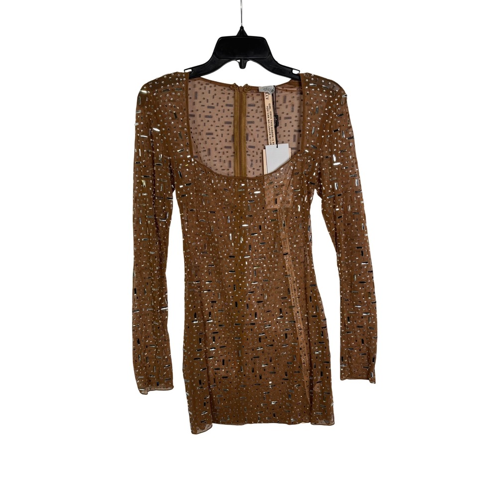 Oh Polly Brown Embellished Mesh Dress Rhinestone Square Neck Long Sleeve US 4 - Picture 4 of 8